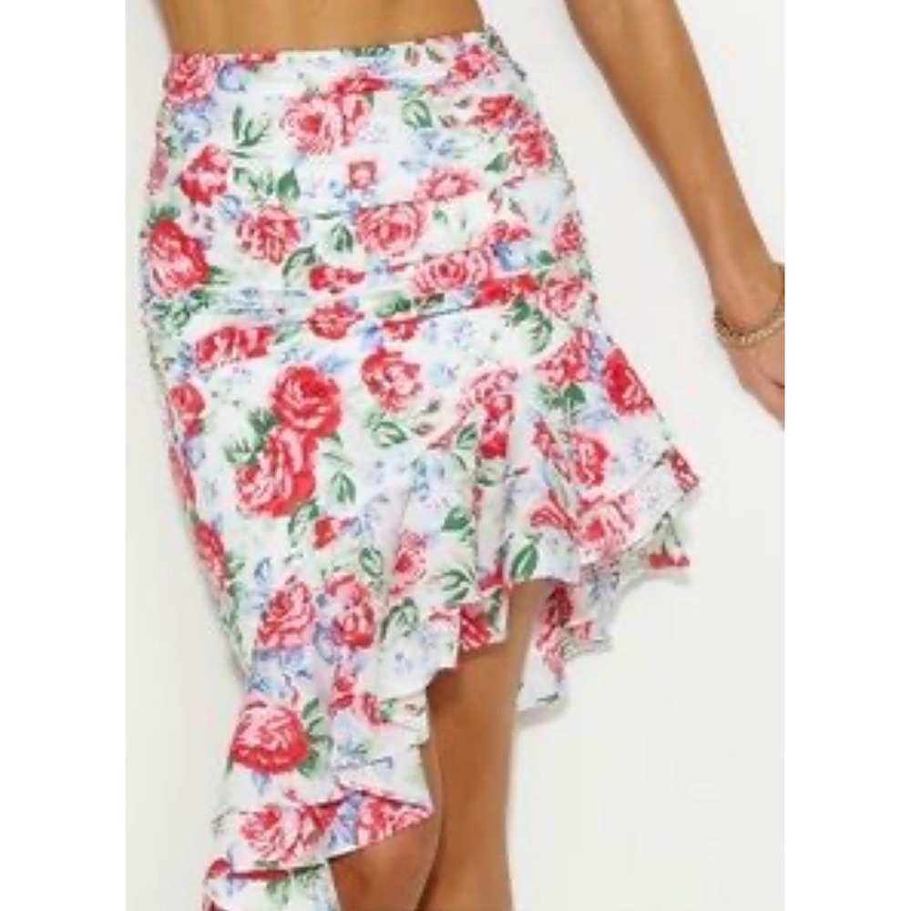 Hello Molly Floral Ruffle Asymmetrical Midi Skirt Womens 4 Red Coquette Girl